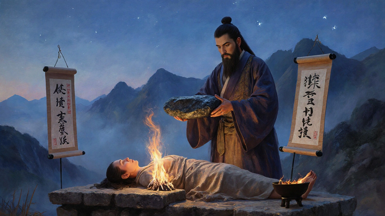 Un guérisseur ancien chinois utilise des pierres chaudes sur un patient dans un paysage montagneux brumeux.