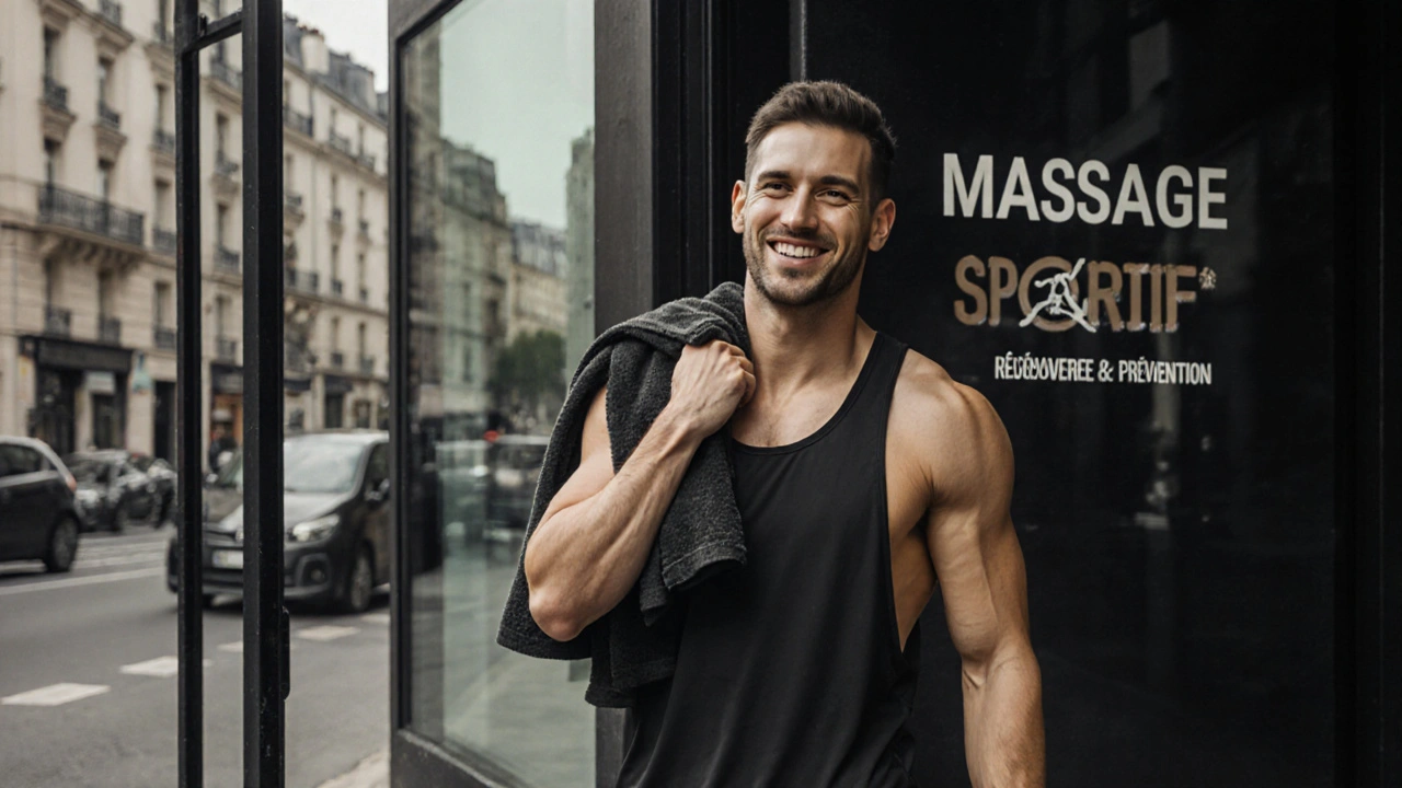 Un homme sportif sortant d’une salle de sport à Paris, après une séance de massage thérapeutique.