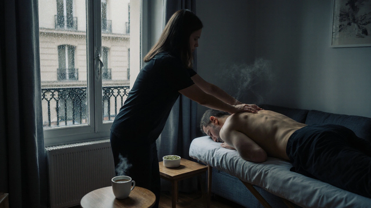 Un massage thérapeutique à domicile à Paris, avec une praticienne travaillant sur le bas du dos d&#039;un client sous la pluie.