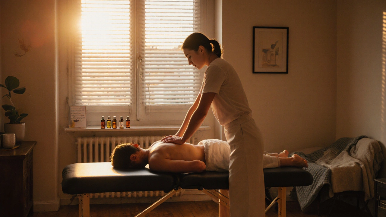 Un massage thérapeutique ciblé sur le bas du dos, dans un intérieur parisien intimiste et bien rangé.