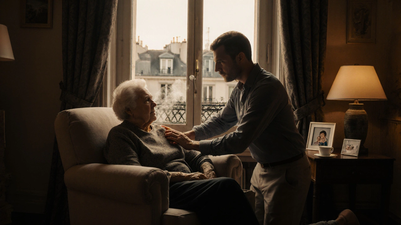 Un masseur visite à domicile une femme âgée pour un massage aux huiles chaudes, dans un intérieur chaleureux.