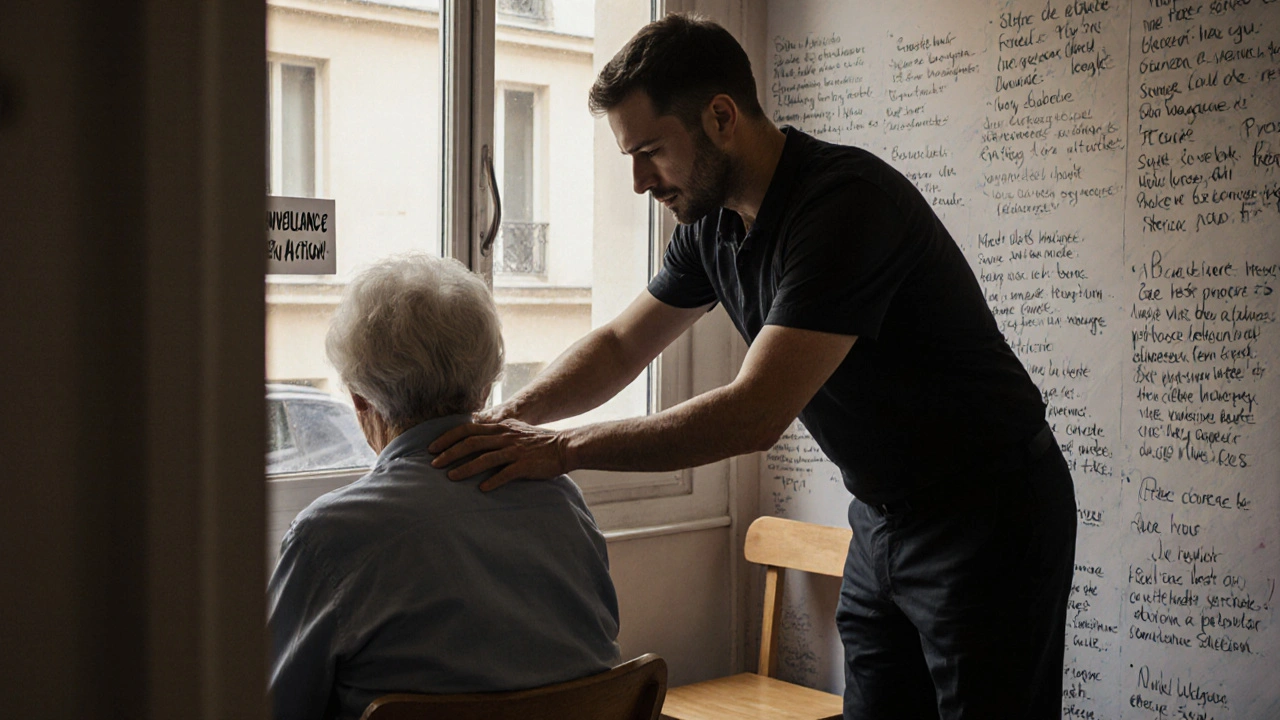Un soignant reçoit un massage gratuit dans un spa communautaire, entouré de notes de remerciement sur le mur.