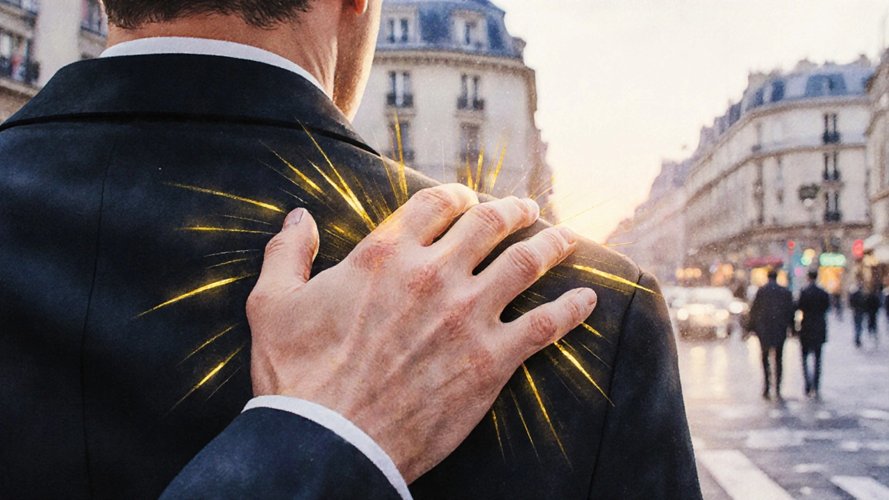 Une main posée sur une épaule, émettant des lignes dorées symbolisant la libération de la tension.