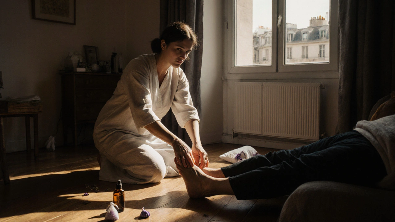 Une masseuse professionnelle massant les pieds d&#039;un client dans un appartement apaisant du 15e arrondissement.