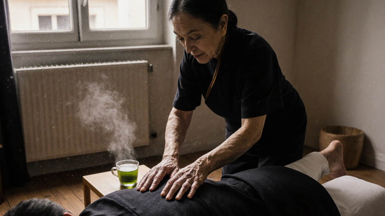 Vieille femme chinoise masse en silence, dans une pièce simple, avec une tasse de thé vert posée à côté.