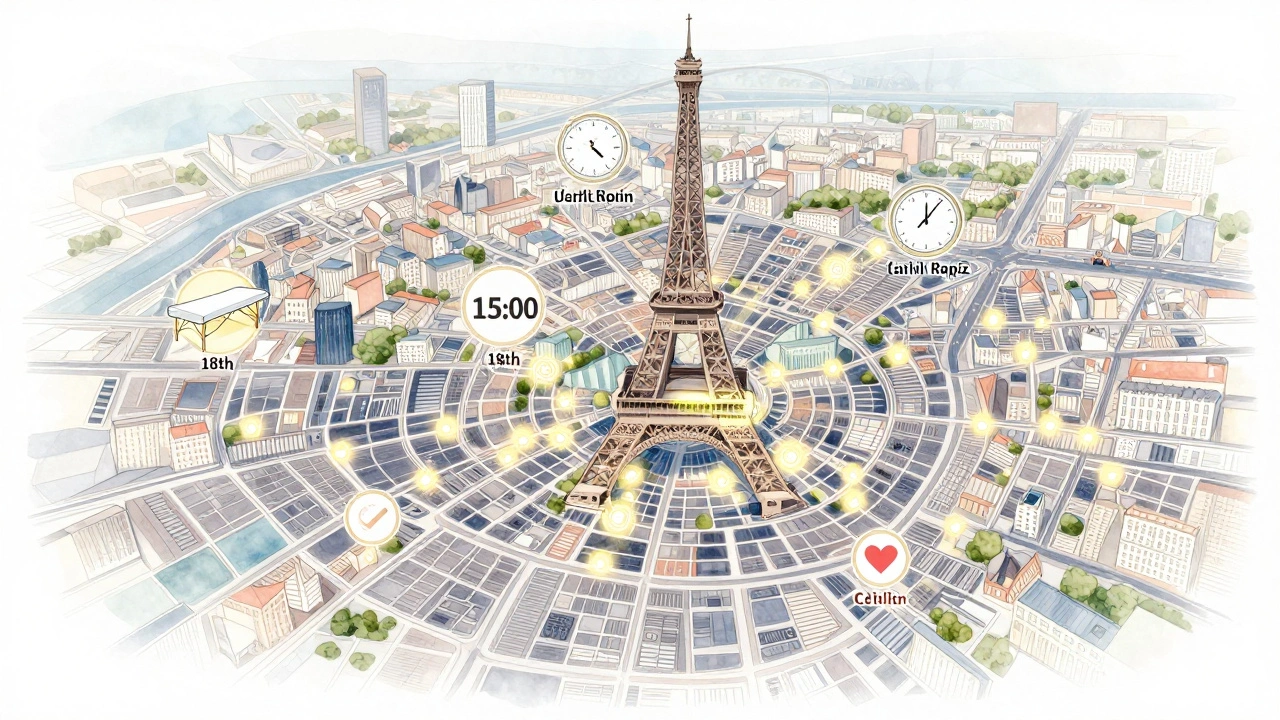 Carte de Paris avec les quartiers où trouver des massages abordables, marqués par des points lumineux et des symboles de bien-être.