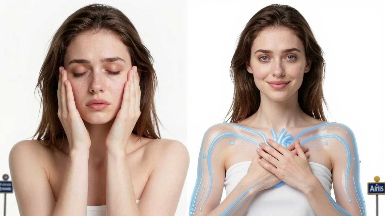 Comparaison avant-après : visage gonflé après un vol vs visage radieux après un drainage lymphatique.