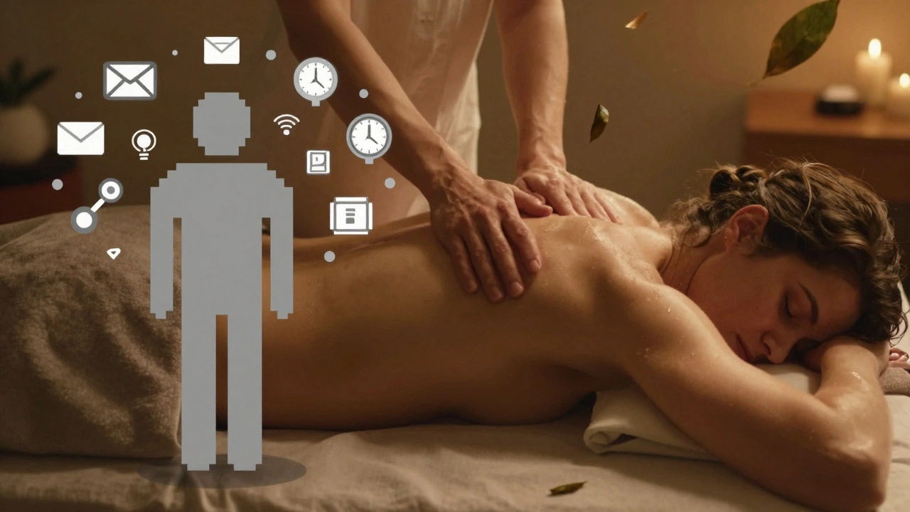 Contraste entre un individu stressé et numérique d'un côté, et détendu et naturel de l'autre, après un massage.