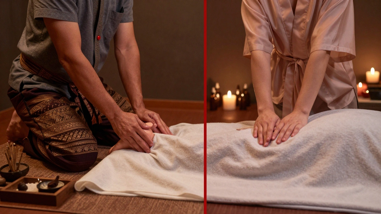 Contraste entre un vrai massage thaïlandais authentique et une version commerciale, séparés par une ligne rouge symbolique.