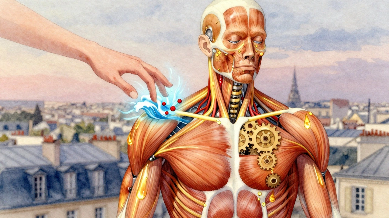 Corps humain représenté comme un mécanisme avec des voies dorées de circulation et des nœuds de stress qui se dissolvent.