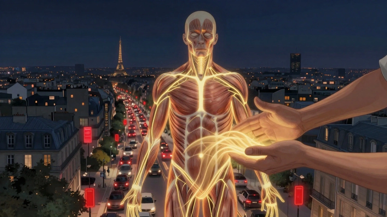 Corps humain représenté comme une ville nocturne, avec des voies nerveuses lumineuses et du stress transformé en calme.