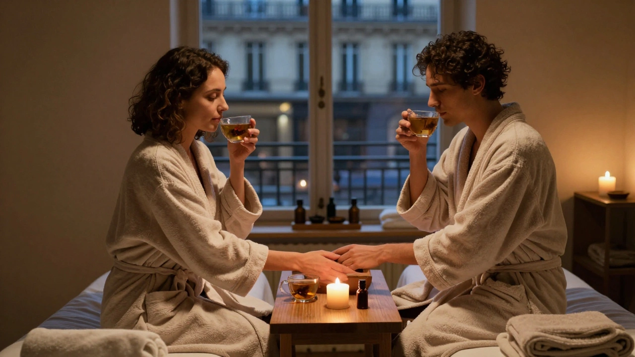 Couple après un massage duo, vêtu de peignoirs, sirotant une tisane et se tenant la main dans un salon paisible.
