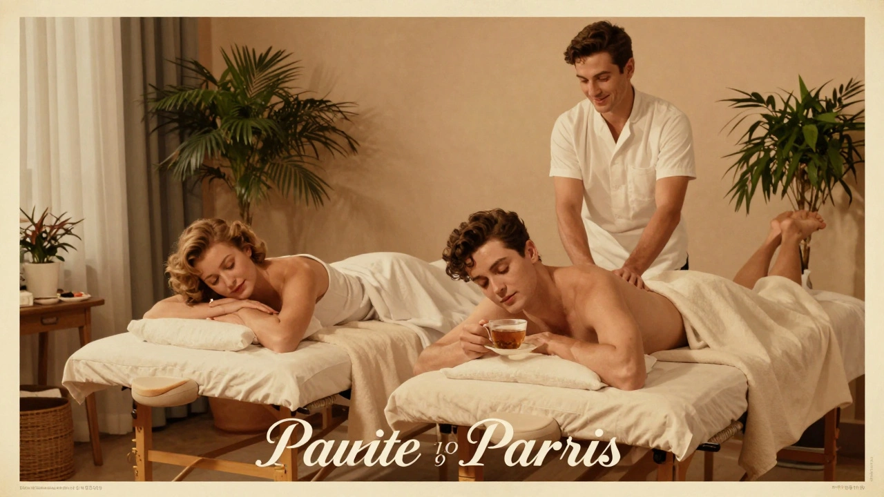 Couple détendu sur deux tables de massage côte à côte, dans une pièce calme avec des plantes et une lumière douce.