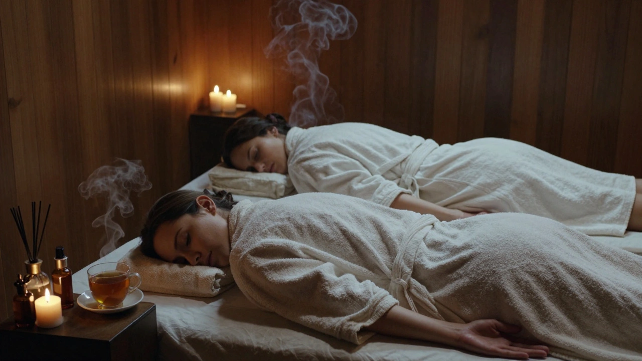 Couple en massage côte à côte dans une chambre privée, éclairée par des bougies et entouré de douceur.