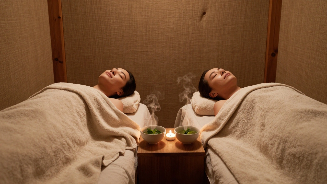 Couple en massage côte à côte, enveloppé dans des couvertures en laine, dans une ambiance apaisante.