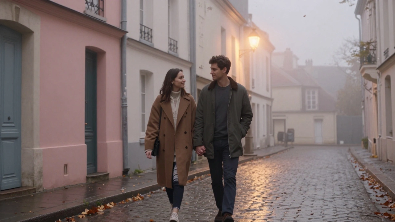 Couple marchant main dans la main après un massage à Montmartre, feuilles d'automne et lumières douces.