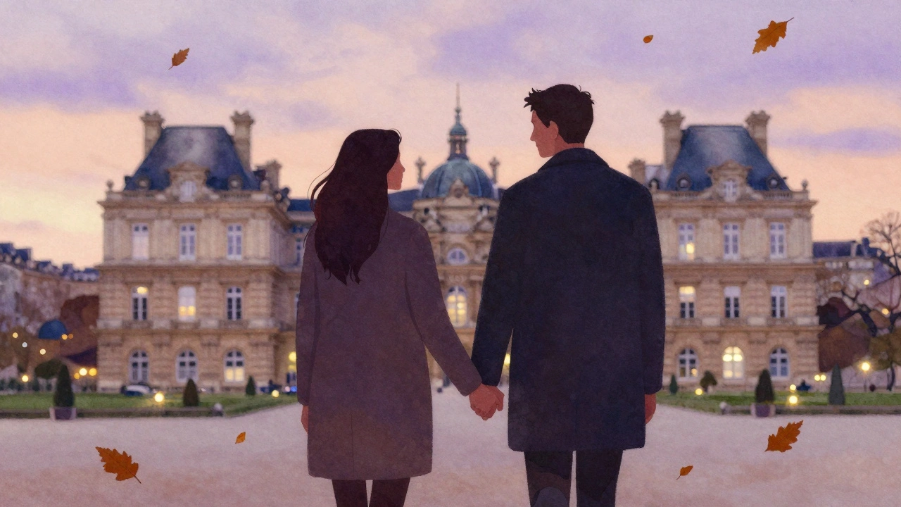 Couple marchant main dans la main dans les jardins du Luxembourg au coucher du soleil après un massage.