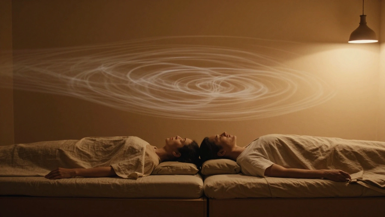 Couples allongés côte à côte dans une pièce de résonance sonore, moment de connexion silencieuse.