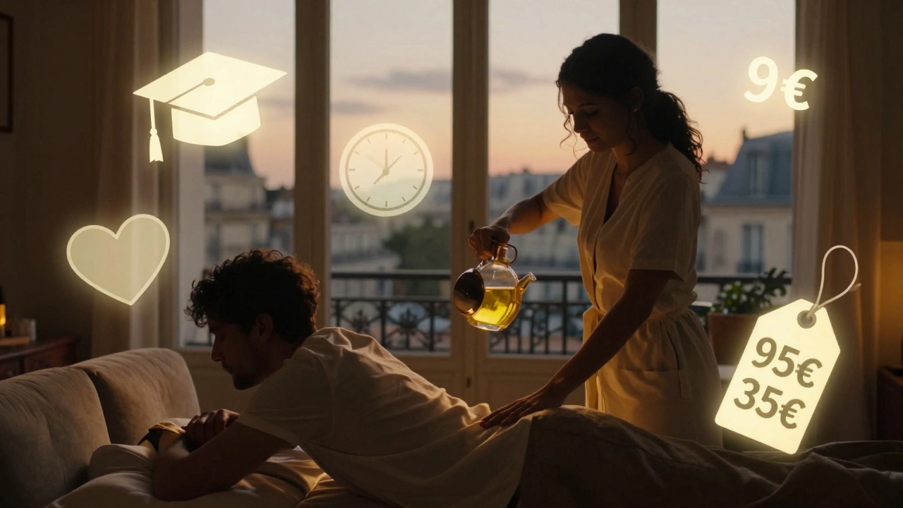 Couples en silence bénéficient d&#039;un massage à domicile, symboles de qualité abordable flottent autour.