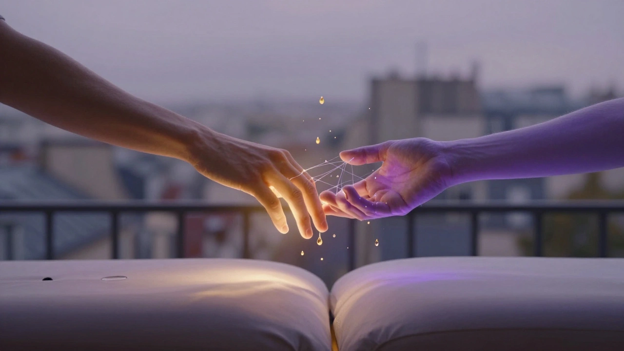 Deux mains éclairées par des lumières douces, reliées par des fils de chaleur et d’énergie, symbolisant la réconnexion.