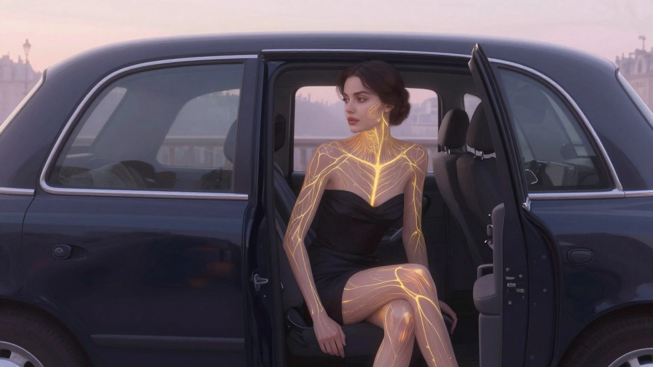 Femme parisienne au lever du jour, peau éclatante, voies lymphatiques subtilement lumineuses sous la peau.