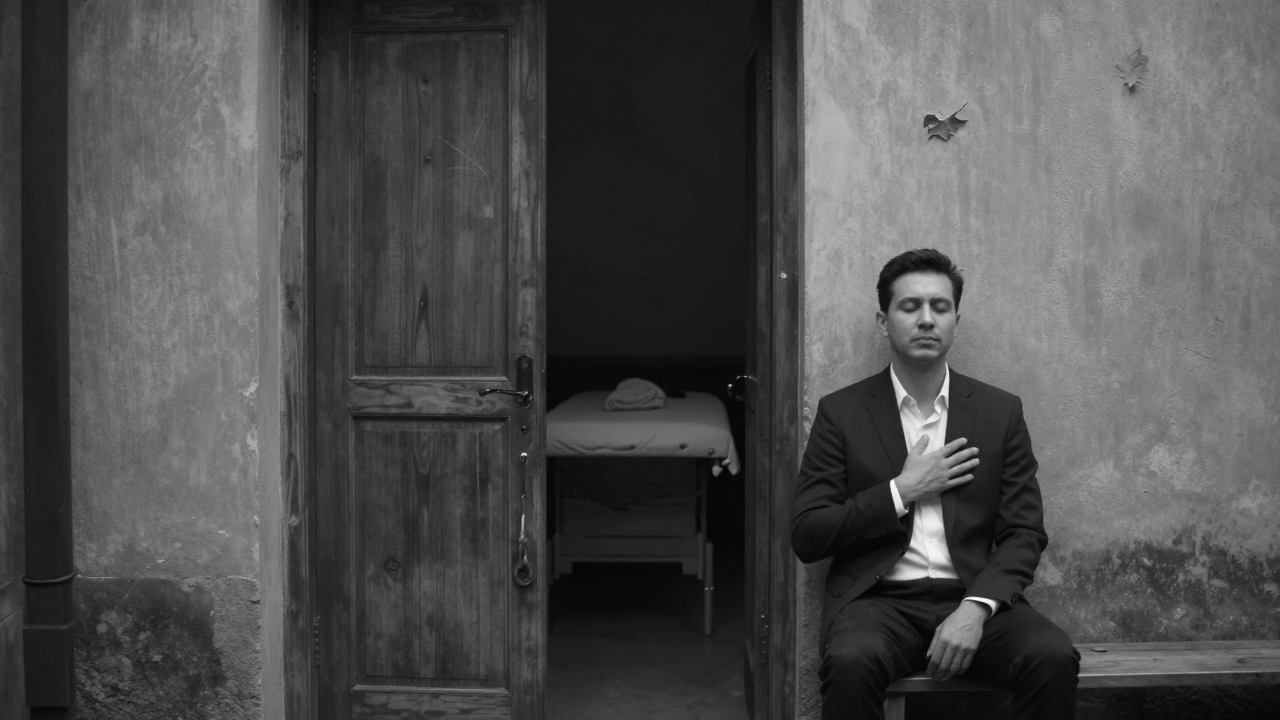 Homme en costume assis dans une cour cachée, porte entrouverte révélant une pièce de soin.