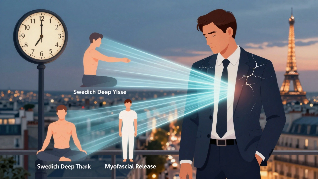 Homme en costume avec des lignes de tension dissoutes par quatre techniques de massage abstraites.