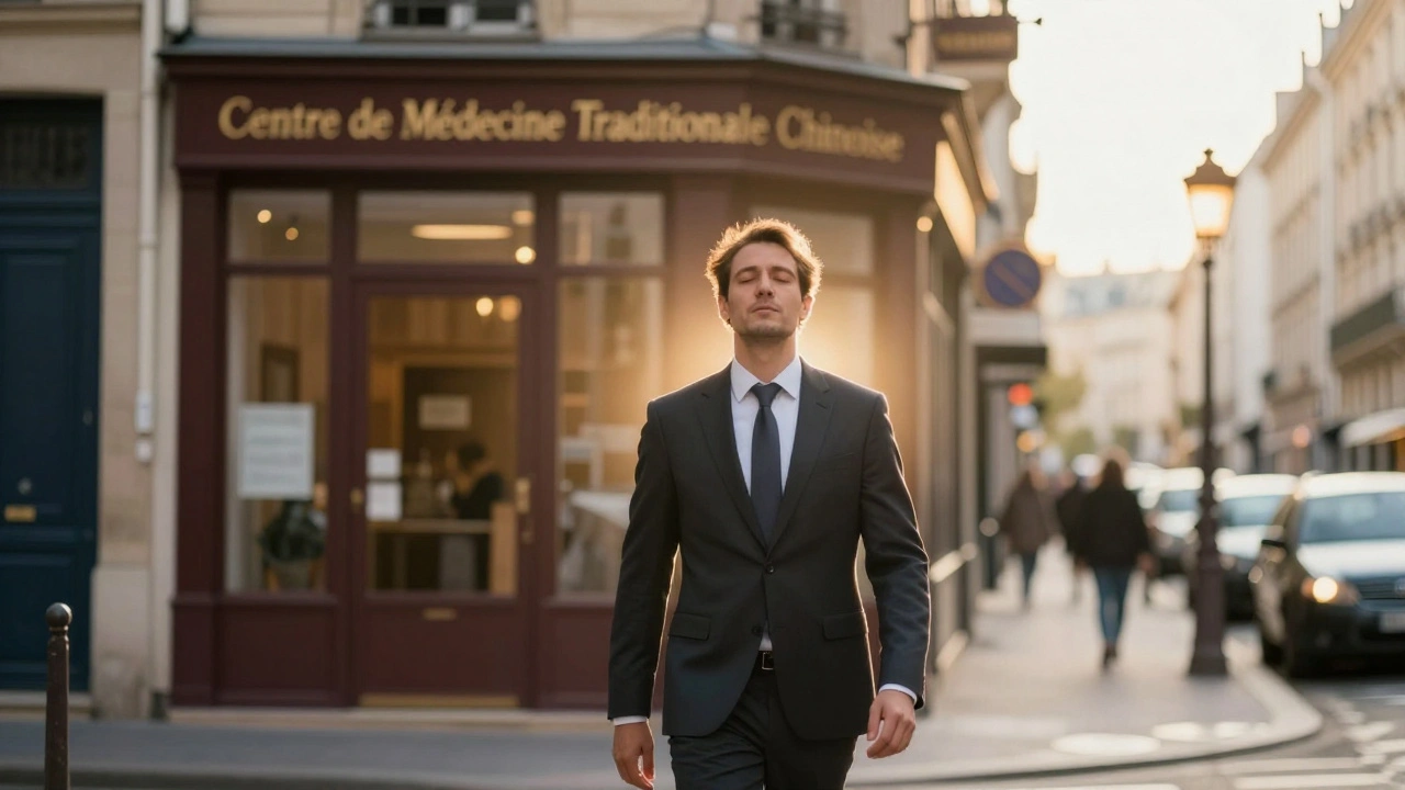 Homme sortant d'un centre de médecine chinoise à Paris, les épaules détendues, une aura de calme autour de lui.