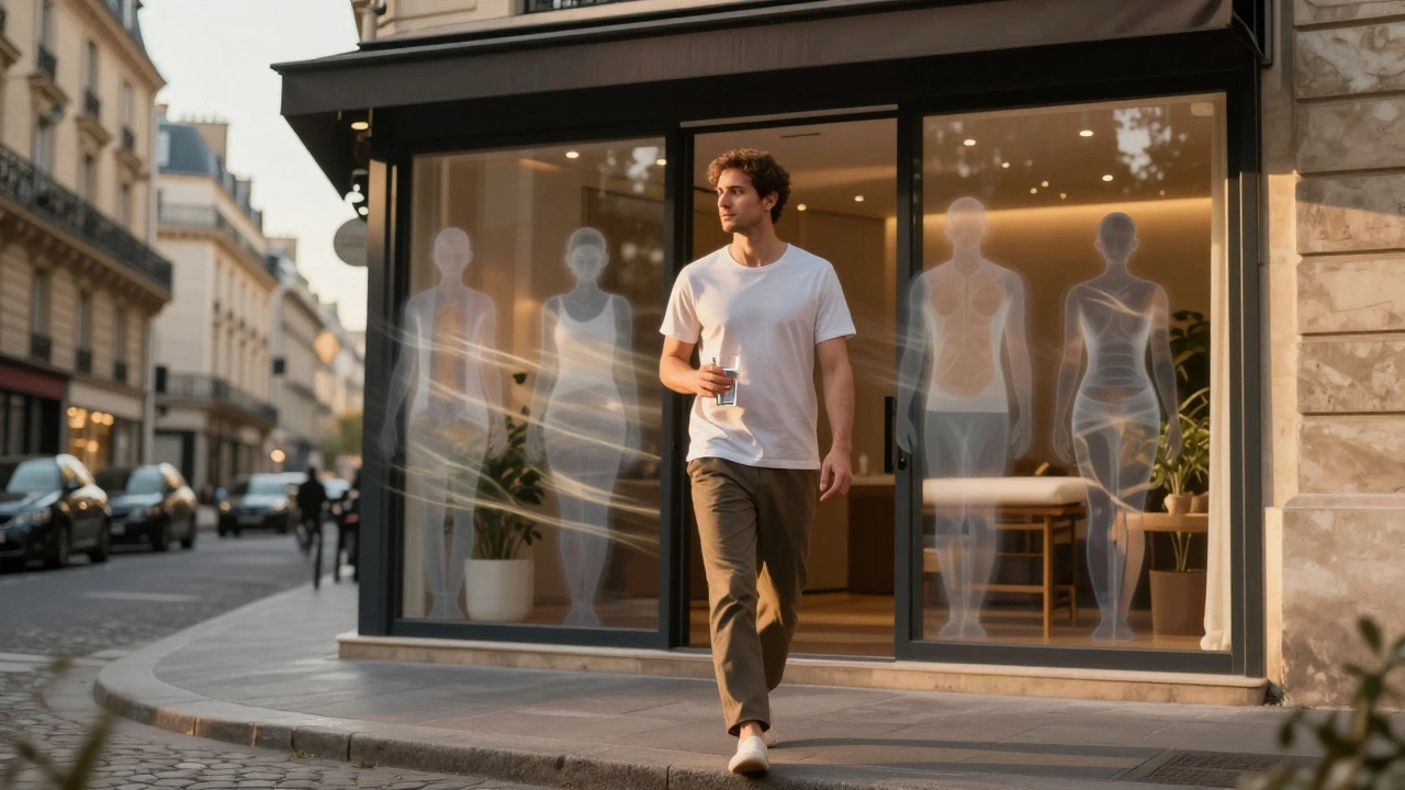 Homme sortant d'un salon de massage, posture relâchée, silhouettes des techniques de massage flottant derrière lui.