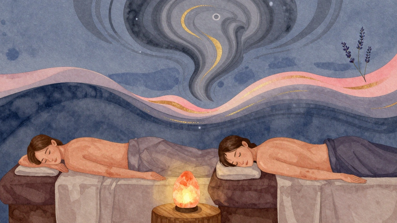 Illustration watercolor d&#039;un massage duo avec des teintes douces, des lampes au sel et des motifs abstraits représentant le stress qui s&#039;évapore.