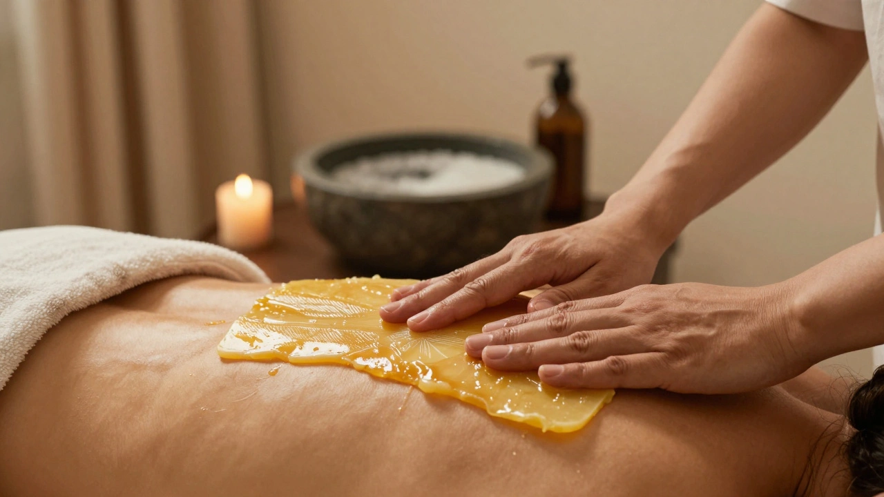 Mains appliquant de la cire d'abeille chaude sur les épaules, dans un environnement apaisant et luxueux.