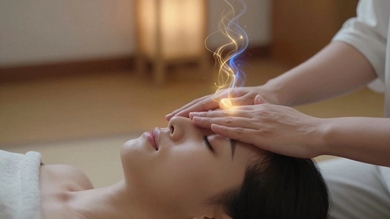 Mains d&#039;un praticien au-dessus du front et de la poitrine, énergie subtile en spirales dorées et bleues, ambiance apaisante.