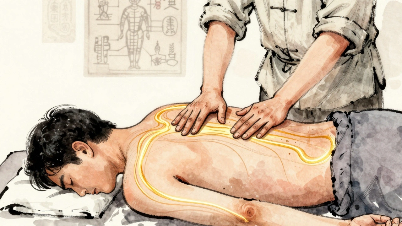 Mains d'un praticien dessinant des lignes énergétiques dorées sur le dos d'un client allongé, style aquarelle encre de chine.