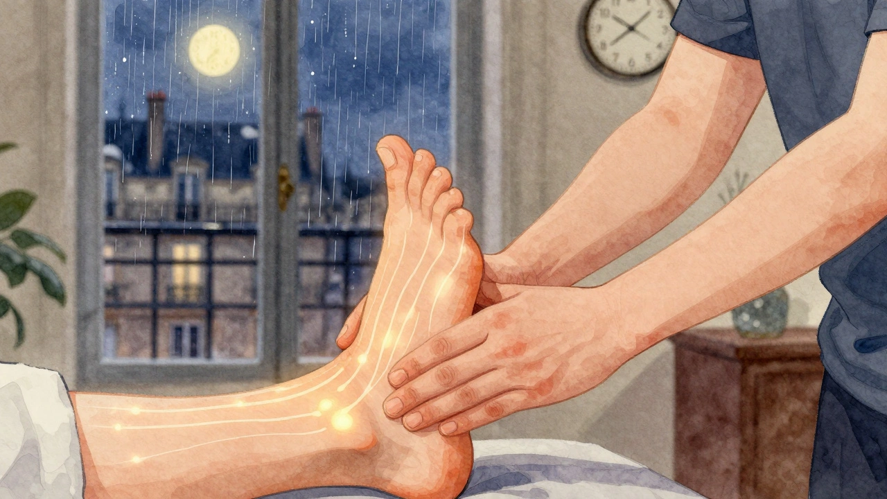 Mains d'un praticien exerçant une pression douce sur la plante des pieds, avec des lignes d'énergie subtilement visibles.