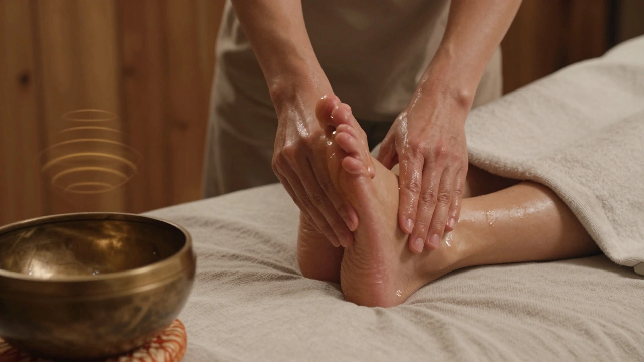 Mains d'une masseuse massant doucement la plante d'un pied avec de l'huile tiède.