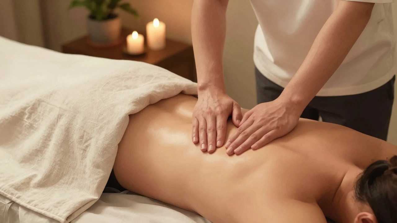 Mains de masseur travaillant sur un corps recouvert d’un drap, dans une ambiance apaisante et professionnelle.