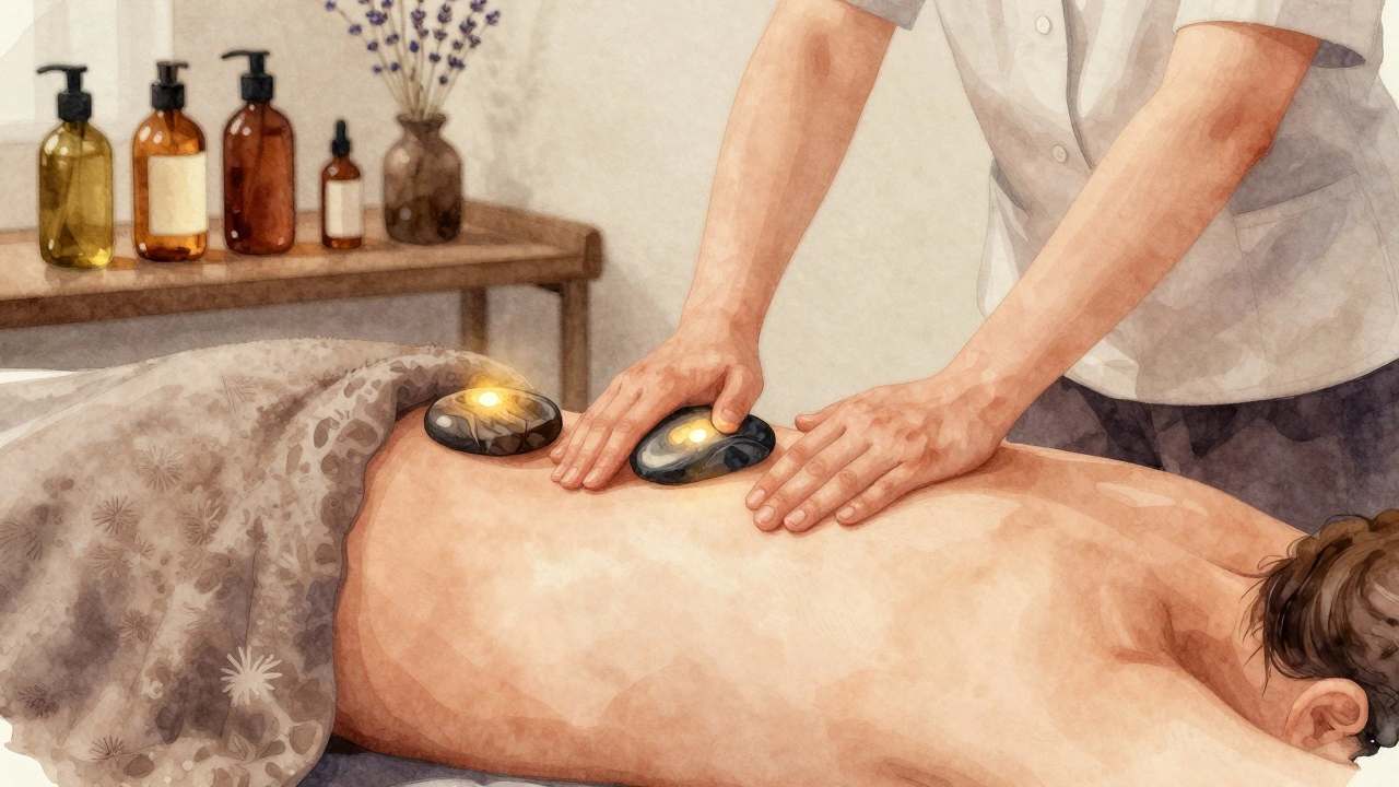 Mains de thérapeute effectuant un massage aux pierres chaudes sur un dos recouvert d'une serviette.