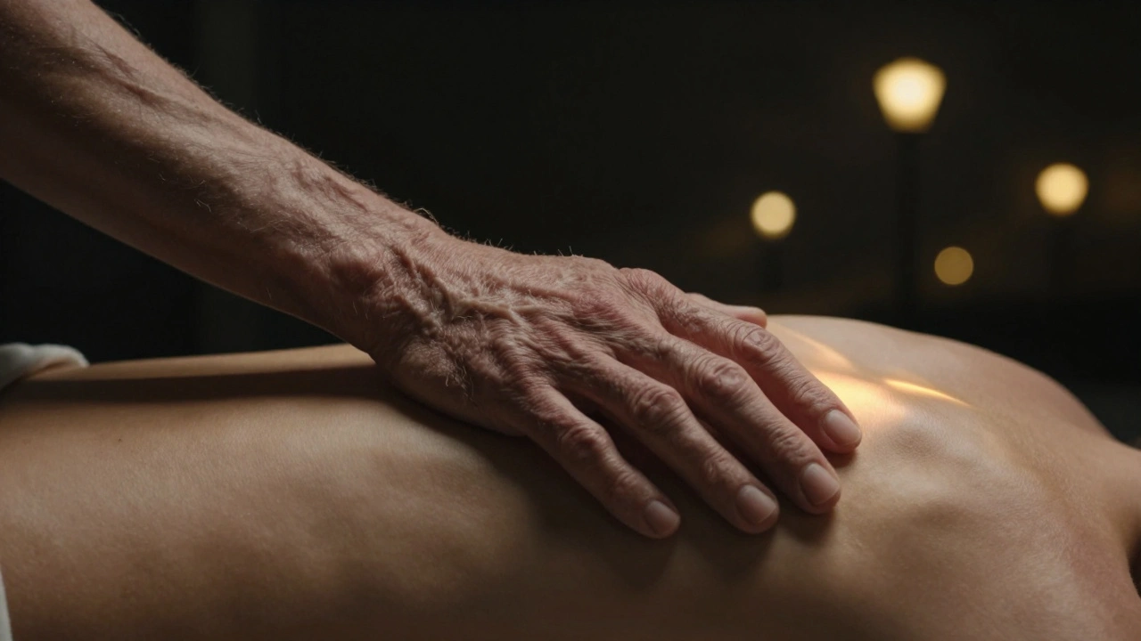 Mains en contact avec le dos, émettant une lumière dorée symbolisant la libération de l&#039;énergie Qi.