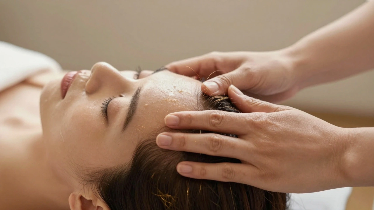 Mains expertes exercent une pression douce sur le cuir chevelu et les tempes pour un massage crânien apaisant.