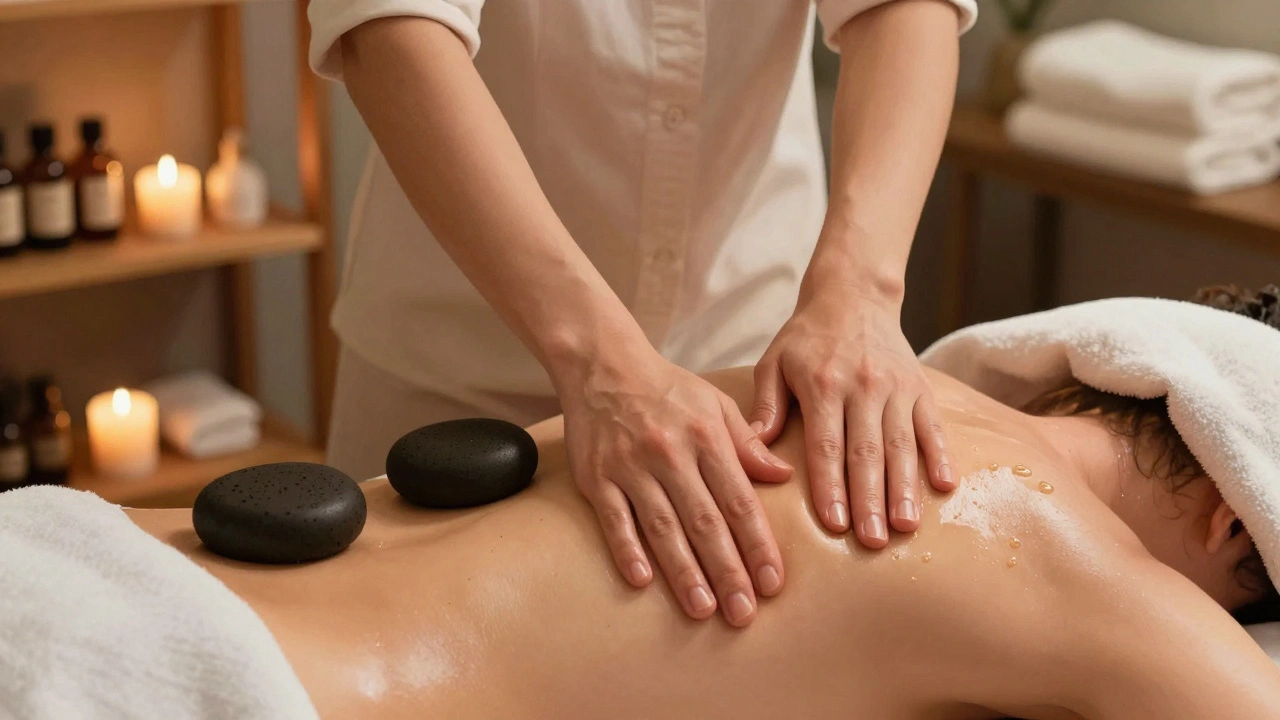 Mains expertes massant les épaules et le cou avec des pierres chaudes, dans une ambiance chaleureuse et intime.