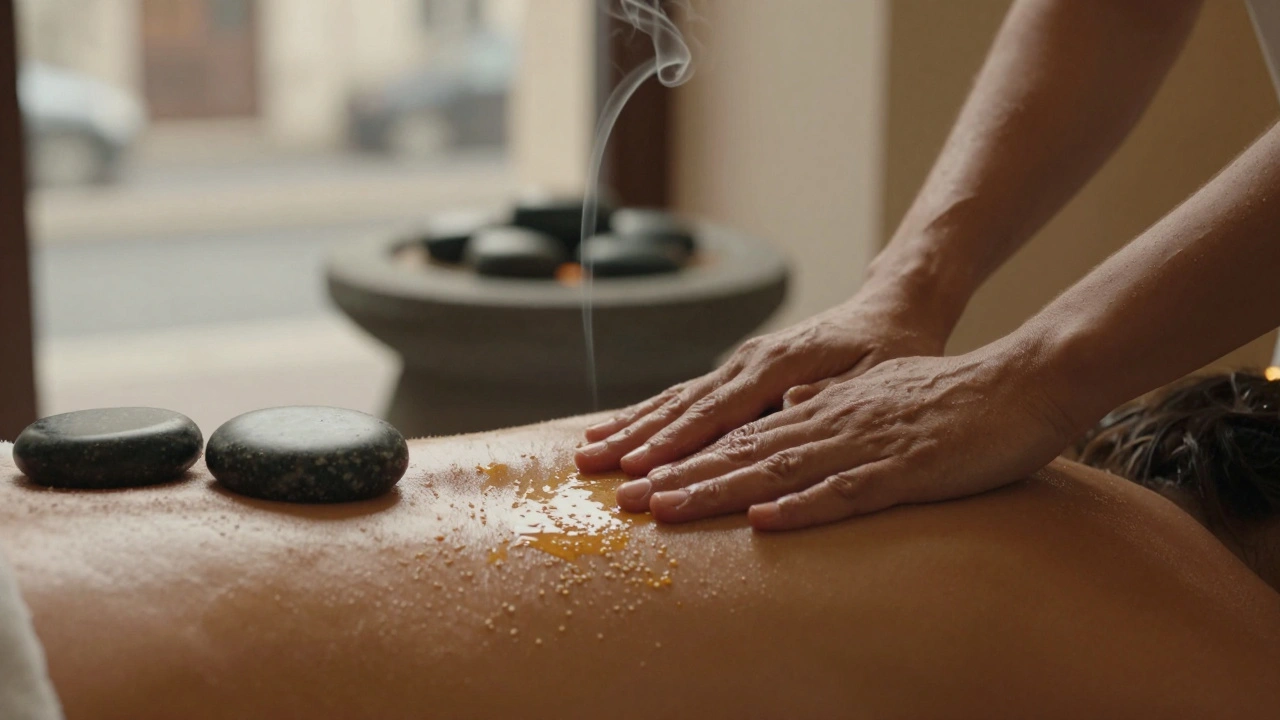 Mains glissant sur le dos avec de l'huile chaude, pierres chaudes et fumée d'encens en arrière-plan.