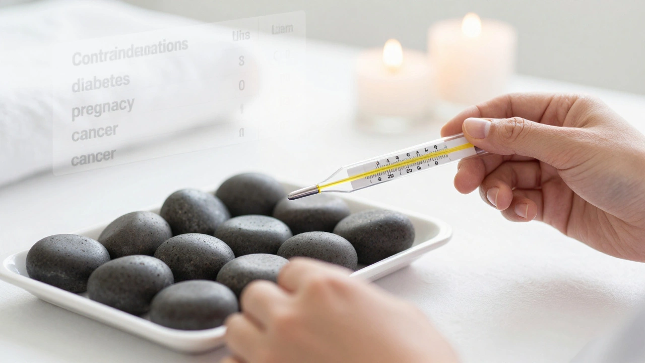 Mains tenant un thermomètre à côté de pierres de basalte, avec des contre-indications floues en arrière-plan.