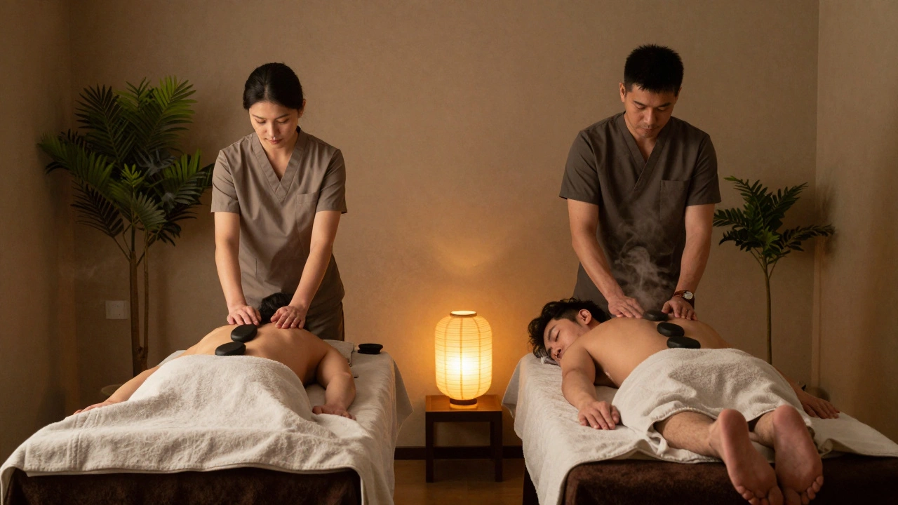 Massage aux pierres chaudes pour un couple dans un spa calme, pierres sur le dos, lumière chaude et ambiance zen.
