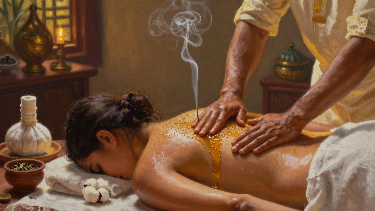 Massage ayurvédique avec huiles chaudes, mains effectuant des mouvements circulaires sur la peau, ambiance apaisante et spirituelle.