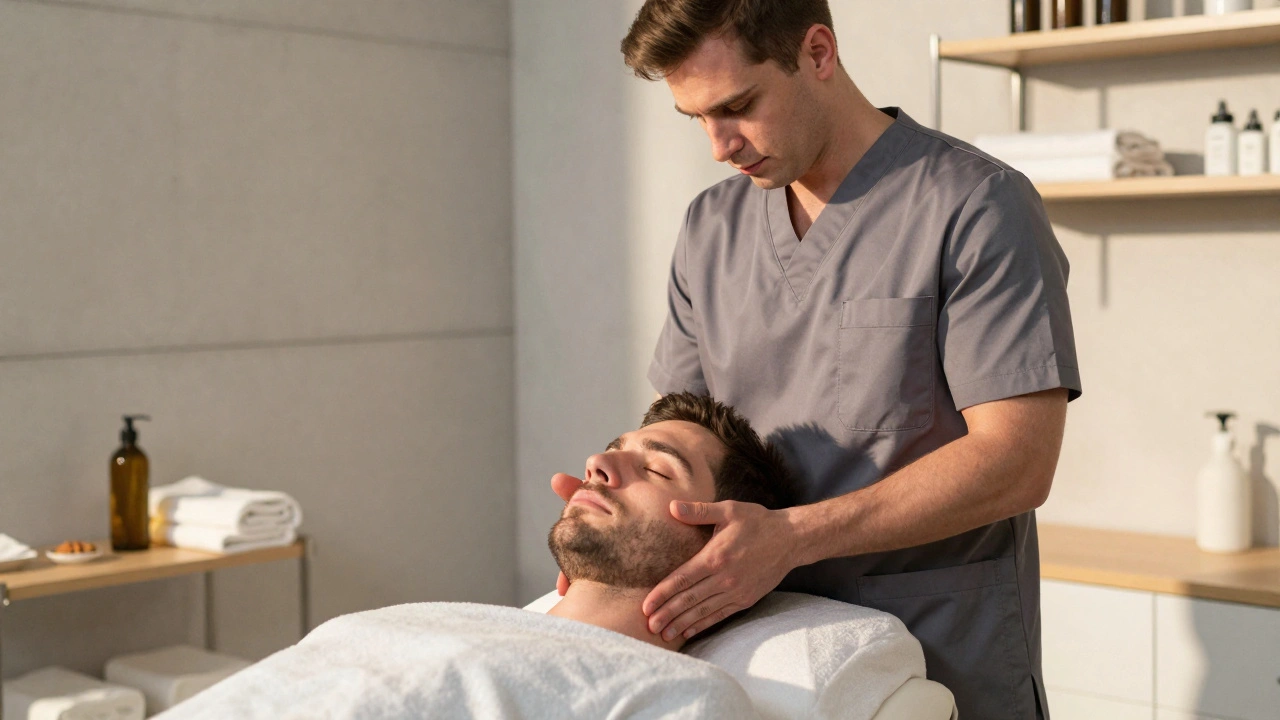 Masseur professionnel appliquant une pression précise sur le dos d&#039;un homme assis, environnement minimaliste et moderne à Paris.