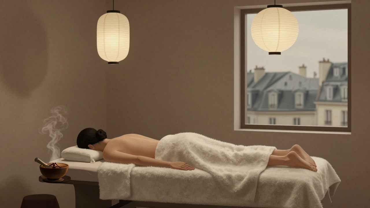 Personne détendue sur une table de massage dans un spa minimaliste, entourée de lumières tamisées et de laines chaudes.