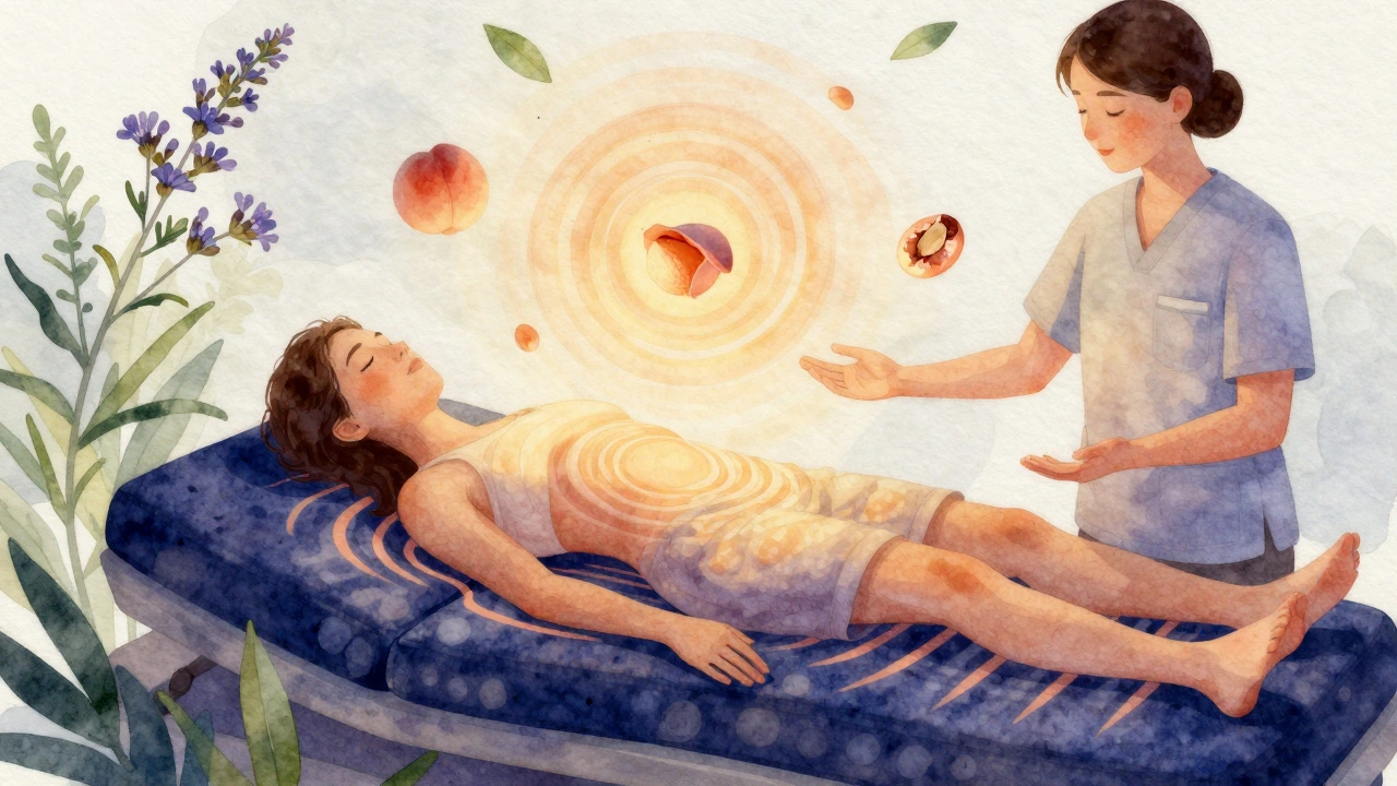 Personne en détente sur un matelas vibratoire, entourée d&#039;éléments botaniques et d&#039;ondes sonores visuelles.