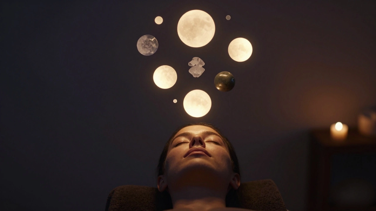 Personne en méditation post-massage entourée d&#039;éléments symboliques de bien-être : huiles, glace et chaleur.