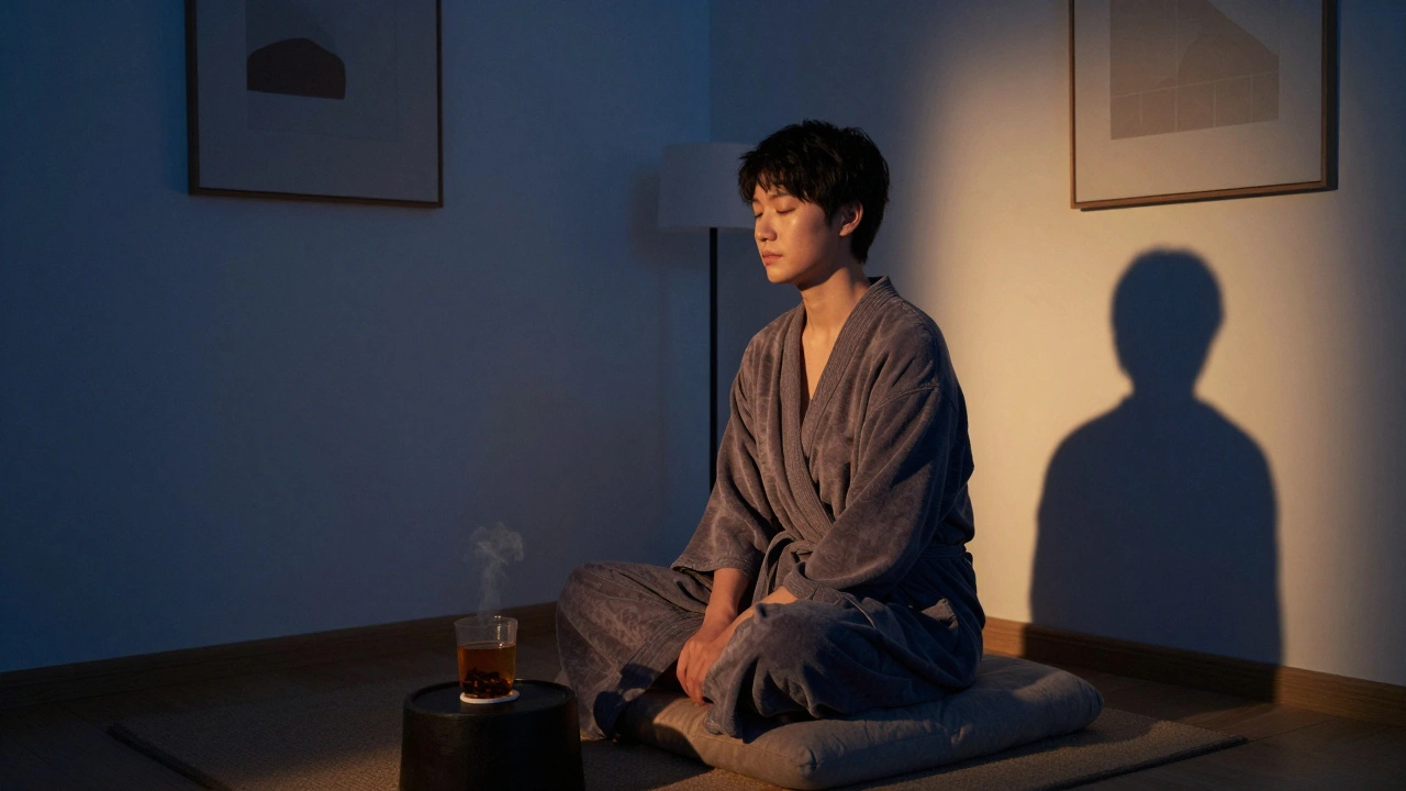 Personne enveloppée dans une robe, en paix après un massage, avec une tasse de thé fumant à côté d'elle.