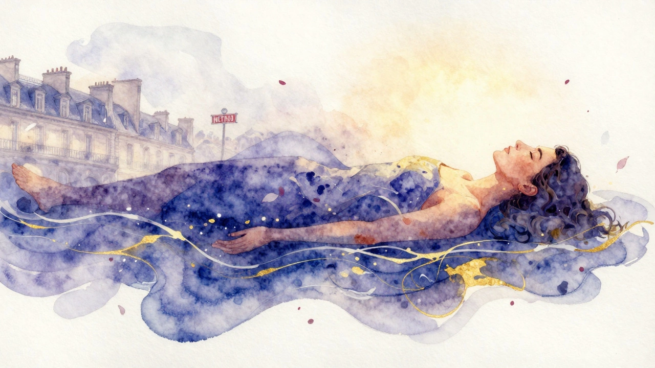 Personne flottant en état de paix profonde, tensions libérées en vagues dorées et bleues, évoquant l&#039;évasion intérieure.